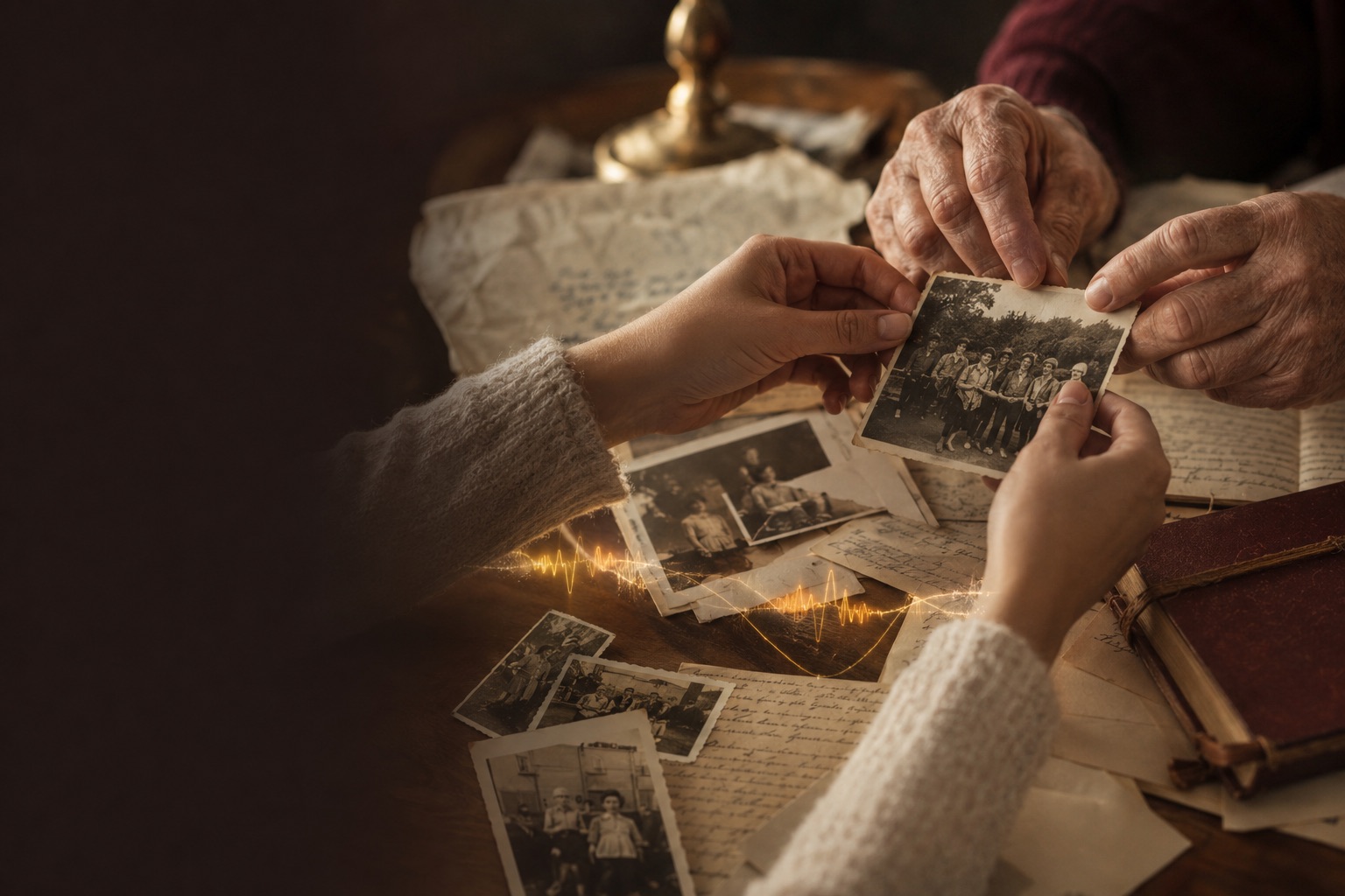 Two pairs of hands, one older and one younger, going through family photographs and letters by lamplight